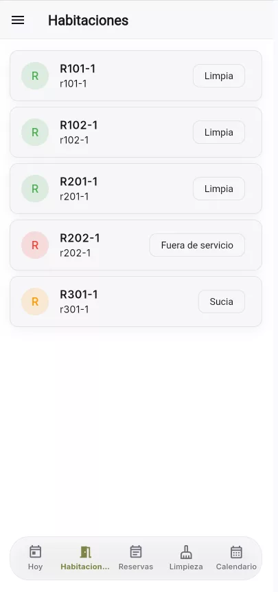 Estado de las habitaciones en la app móvil de Alóxame