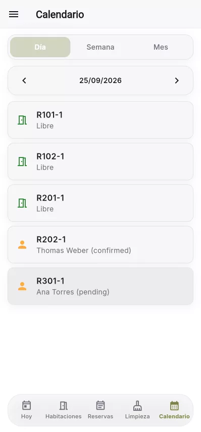 Calendario de habitaciones en la app móvil de Alóxame