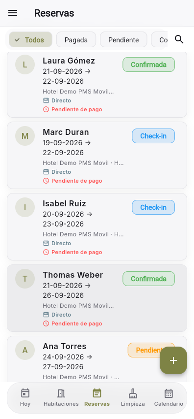 Listado de reservas en la app móvil de Alóxame