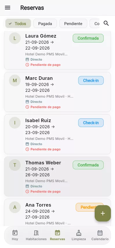 Listado de reservas en la app móvil de Alóxame