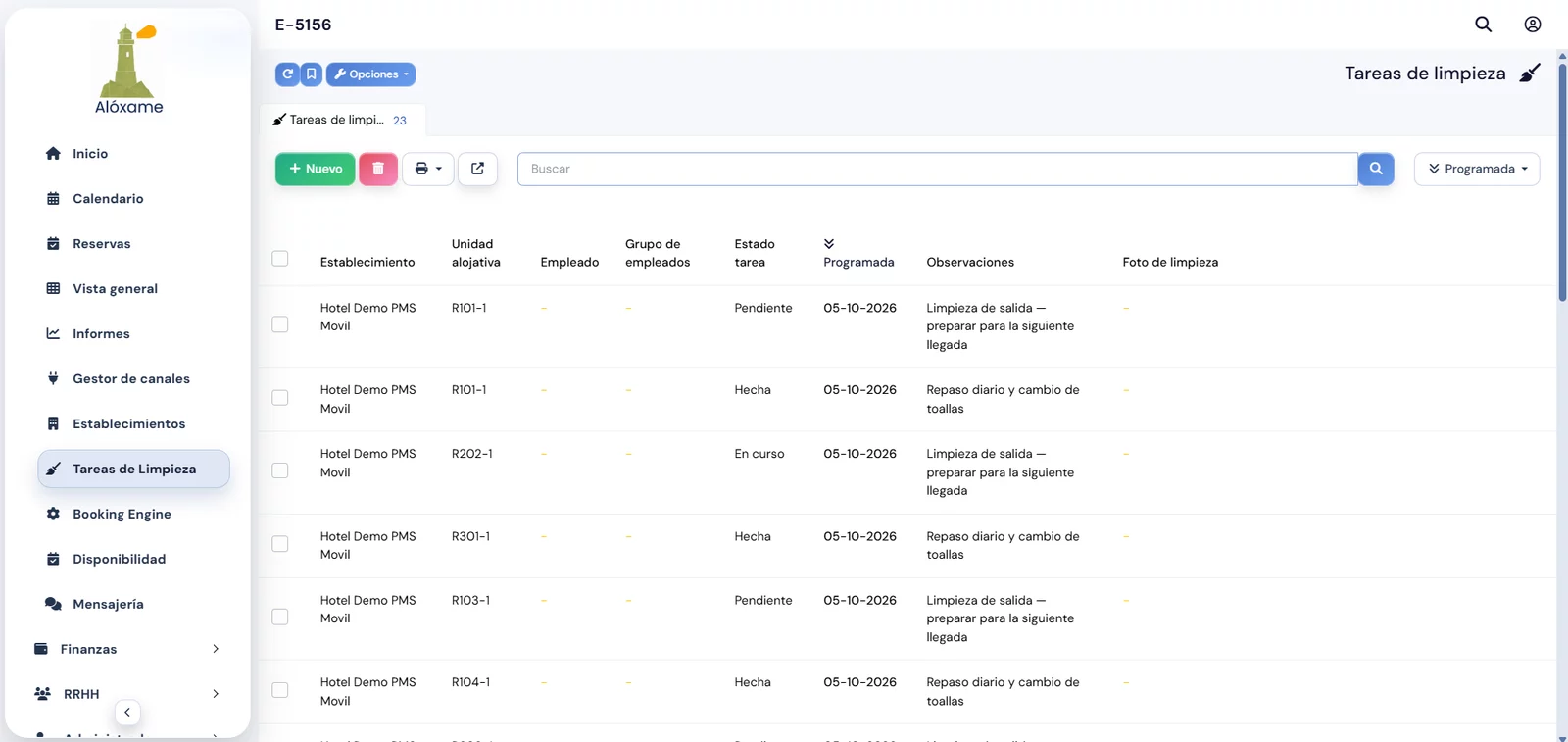 Gestión de tareas de limpieza en Alóxame